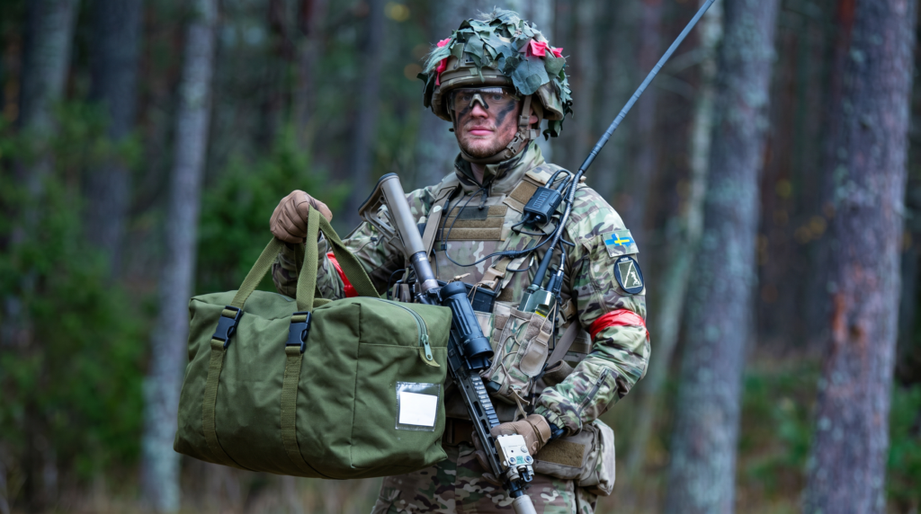 Militærperson som viser en taske frem produceret af Protra Group